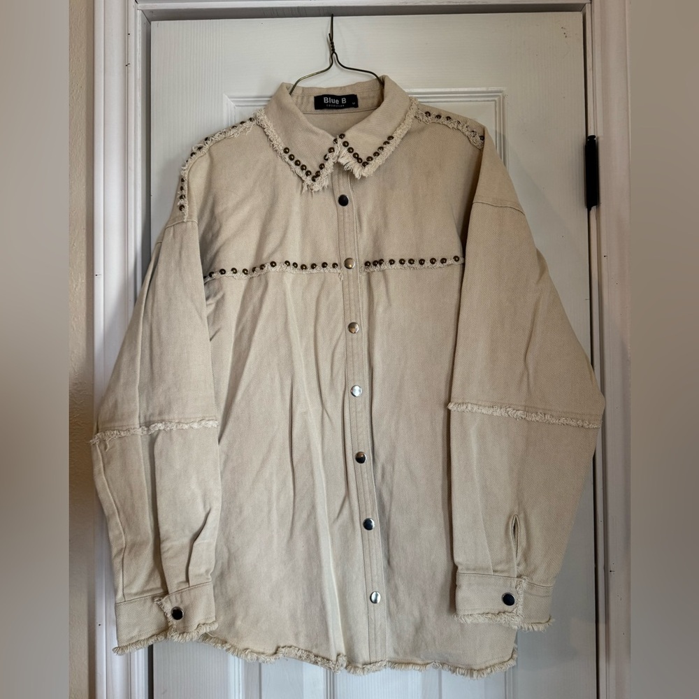 Studded Blue B Beige Button-Up Shirt